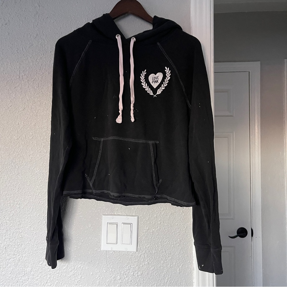 PINK Victoria's Secret Black Distressed Hoodie with white logo L